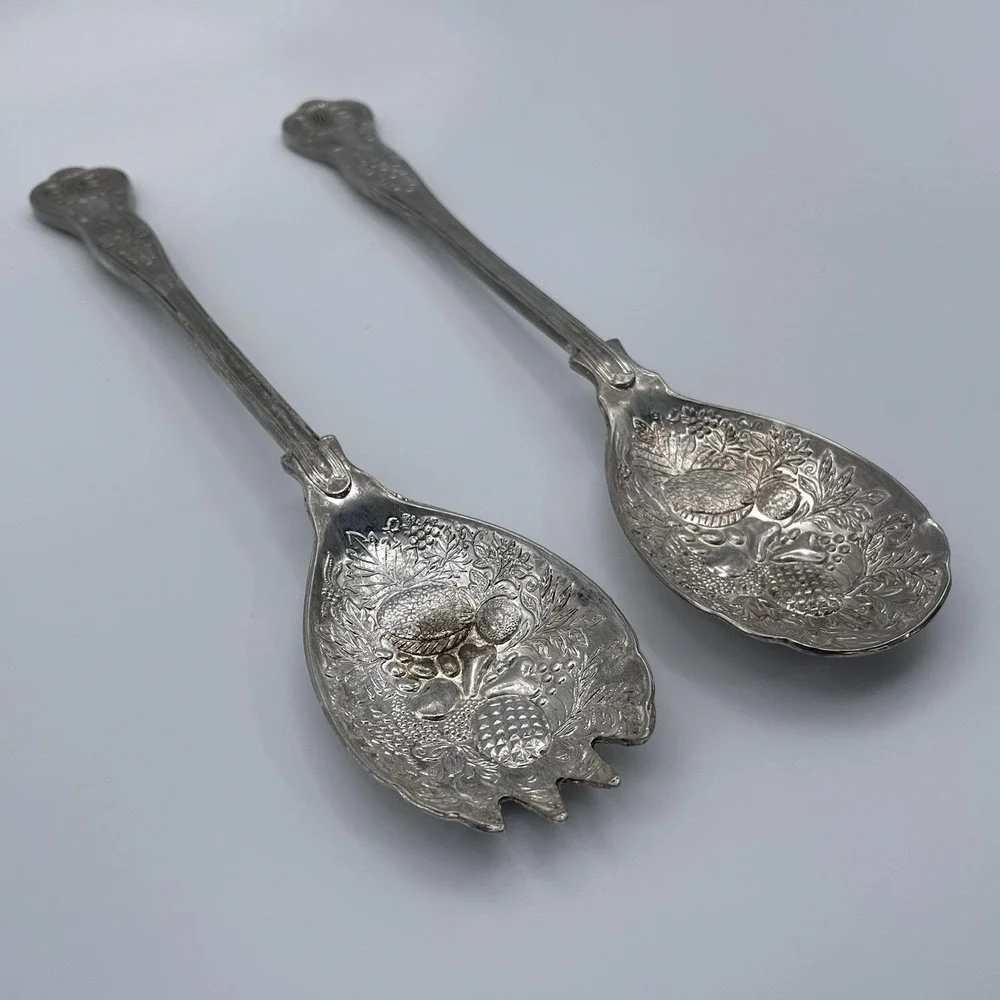 Silverplate Salad Serving Set Vintage English Fruit Repousse 2 Pc Fork and Spoon